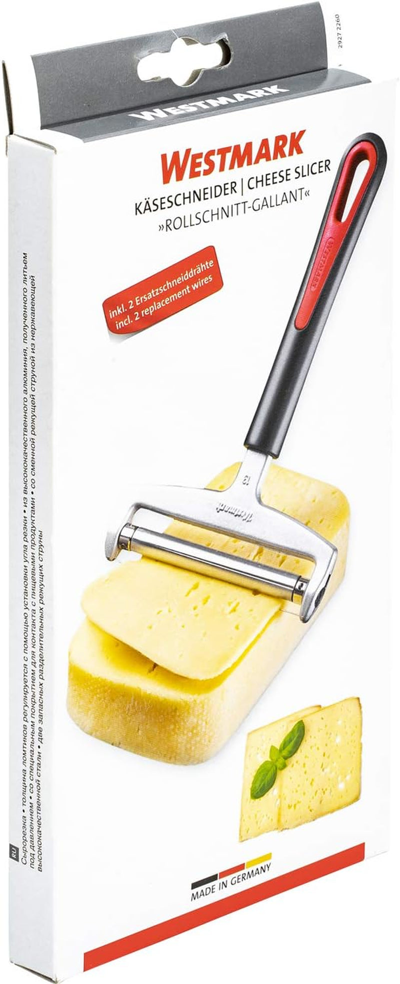 Westmark Käseschneider mit Rolle und auswechselbarem Schneiddraht, Schnittstärke variable, Breite: 12 cm, Rostfreier Edelstahl/Aluminio/Kunststoff, Negro/Rojo, 29272260, 17 x 12 x 2 cm