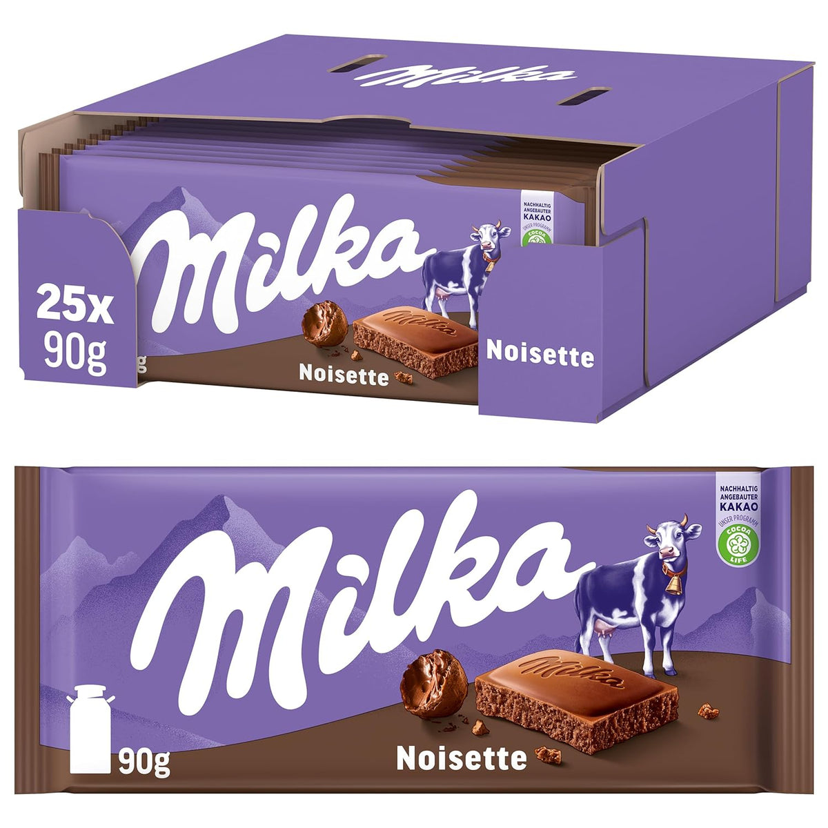 Milka Noisette – Chocolate con leche alpino con relleno delicado y cremoso de avellanas – 25 x 90 g