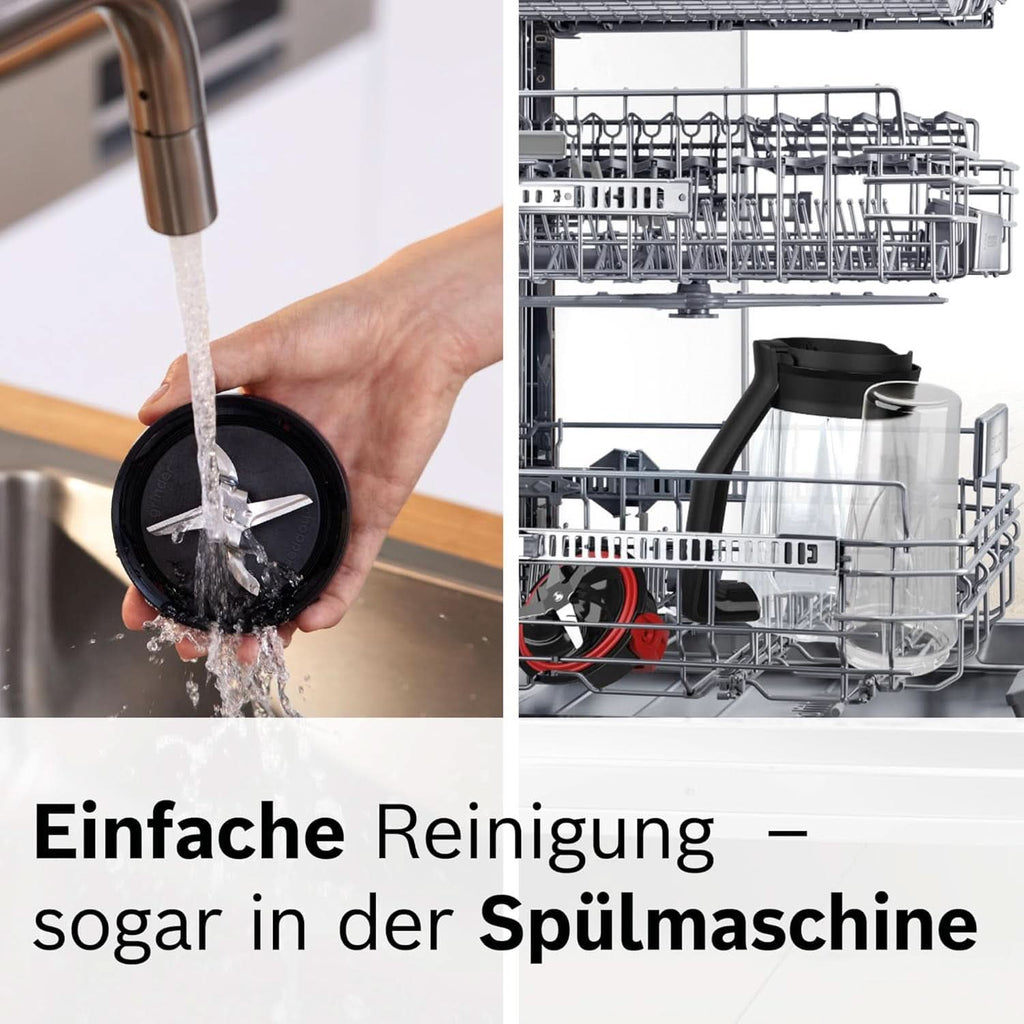Bosch Standmixer Vitapower Serie 4 MMB6174SN, Verbesserte Version, Hochwertige Edelstahl-Klingen, 1,5L Glasbehälter, 0,6L To-Go-Flasche, Spülmaschinenfeste Teile, 30.000 U/Min, 1200 W, Silber Bucatarie Naty Shop