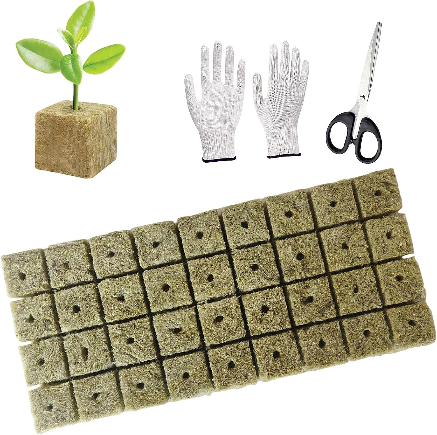 50 Piezas Estera de Cultivo de Lana Mineral, Cubo de Lana Mineral, Aislamiento de Lana Mineral, Estera de Cultivo de Lana Mineral con Tijeras y Guantes para Cultivo sin Suelo, Hidroponía y Trasplante