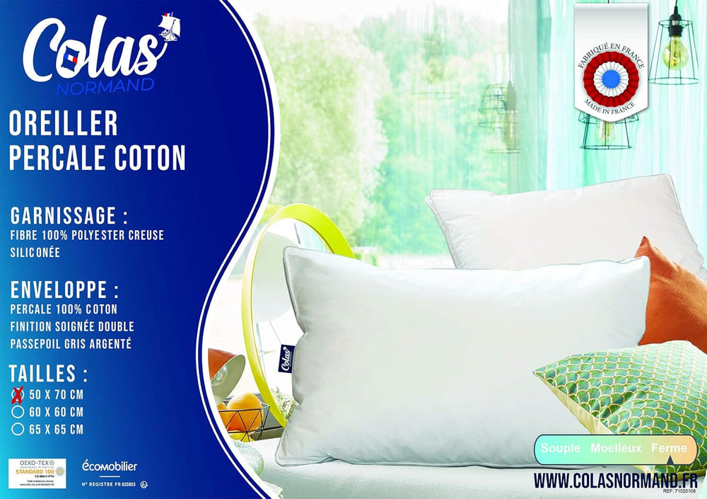 Pernă, Bumbac, Percale, 50 X 70 Cm, Finisaj fin, Confort, Percale, 100% bumbac, De înaltă calitate, Moale, Fabricat în Franța, Alb 73130220 Perne standard Naty Shop