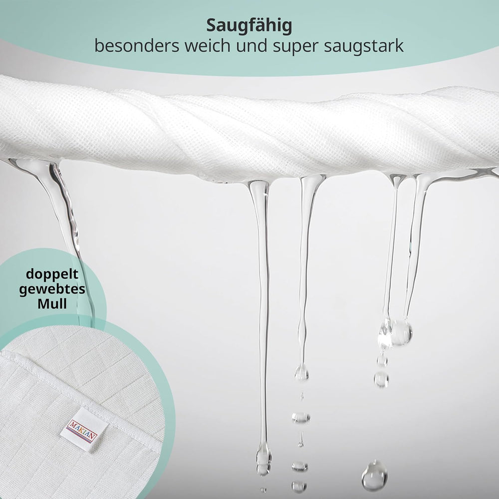 MAKIAN Cuadrados de muselina, paquete de 10, 80x80 cm, certificado Oeko-TEX® Standard 100, 10 paños para eructar de primera calidad - Cuadrados de tela de doble tejido / Cuadrados de muselina, resistentes a la ebullición - Blanco