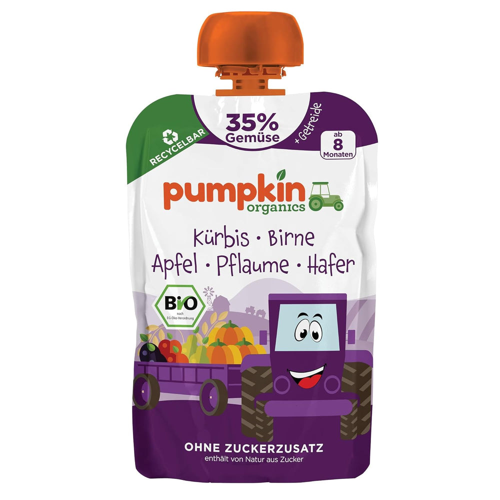 Pumpkin Organics Bio Gemüse-Getreide-Quetschie Kürbis, Birne, Apfel, Pflaume, Hafer ohne Zuckerzusatz¹ - ab 8 Monaten - als Snack o Beikost für unterwegs (100g)