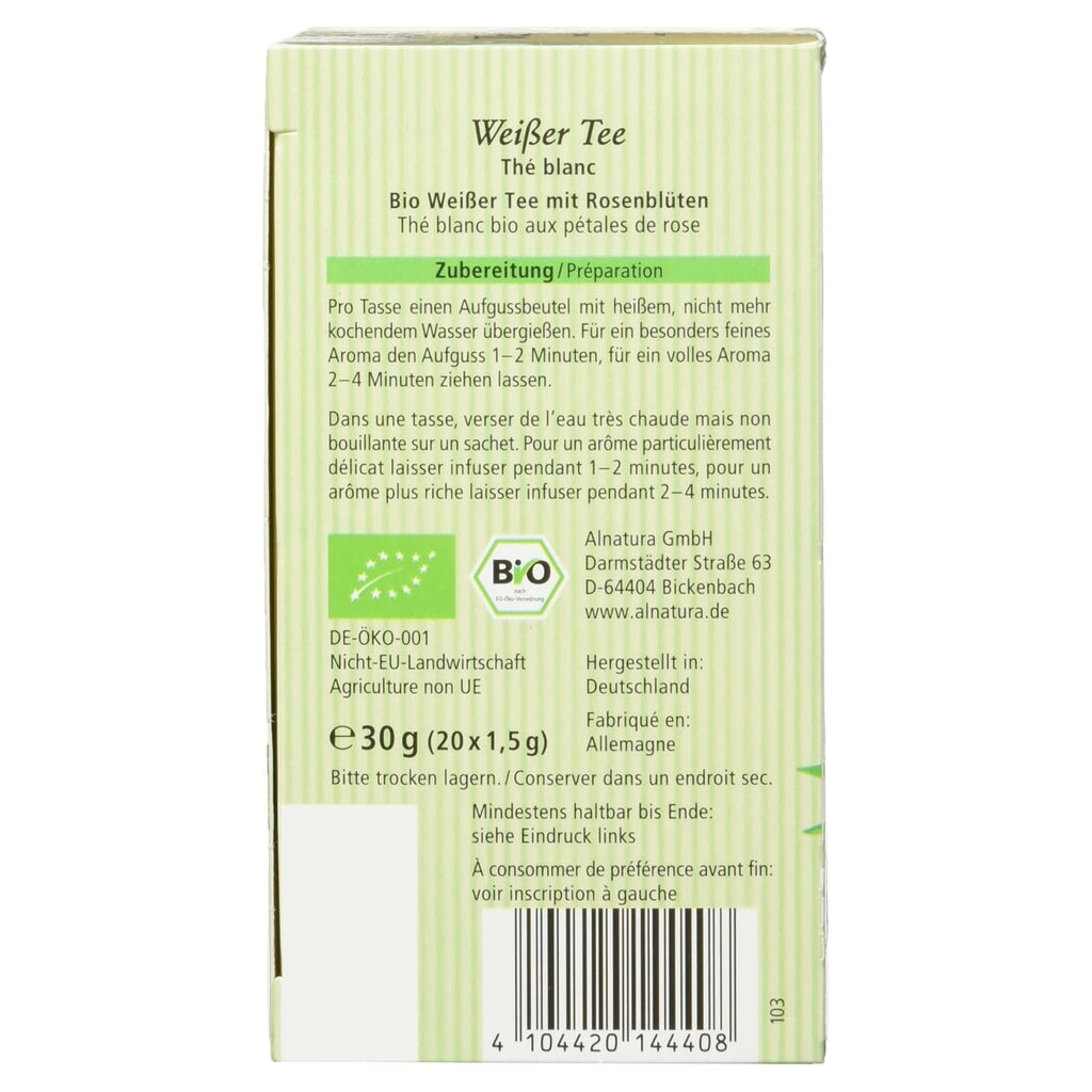 Ceai alb organic cu petale de trandafir, 20 pliculețe, 30 g