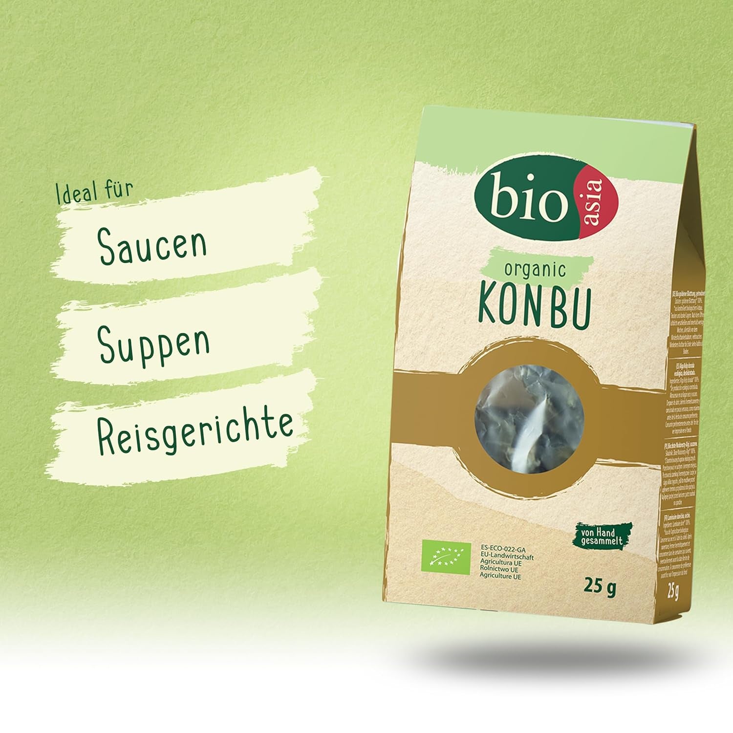 BIOASIA Bio Konbu, Algas 100% naturales, ideal para Aromatisierung von Suppen, Brühen & Aufgüssen, 1 x 25 g