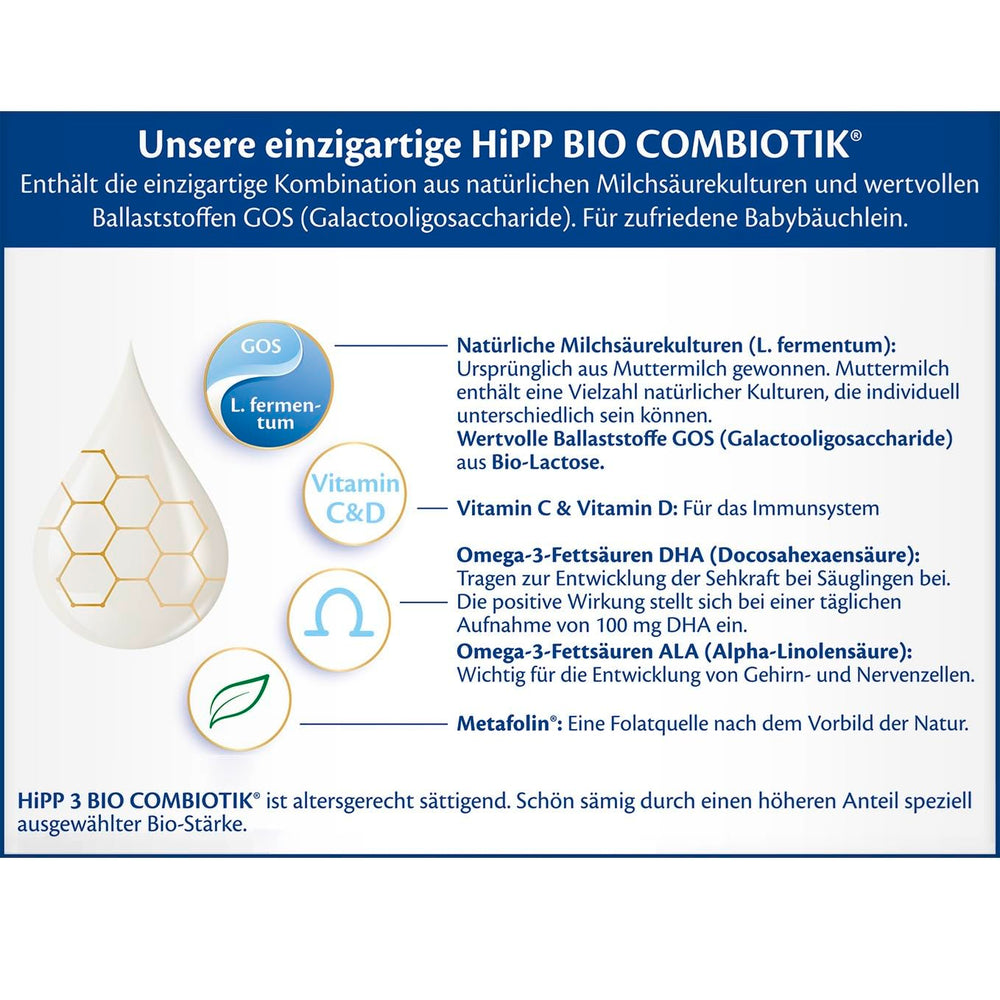 HiPP 3 Organic Combiotik (4 x 600g), leche de continuación a partir de 10 meses, con cultivos naturales de ácido láctico, vitaminas C y D, GOS, Omega-3 (DHA, ALA), de la mejor calidad biológica