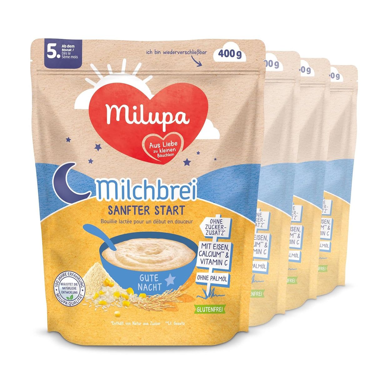 Papilla de leche Milupa Gentle Start - Cereales para bebés sin gluten, sin aceite de palma - Sin conservantes ni colorantes - A partir de 5 meses - 4 x 400 g