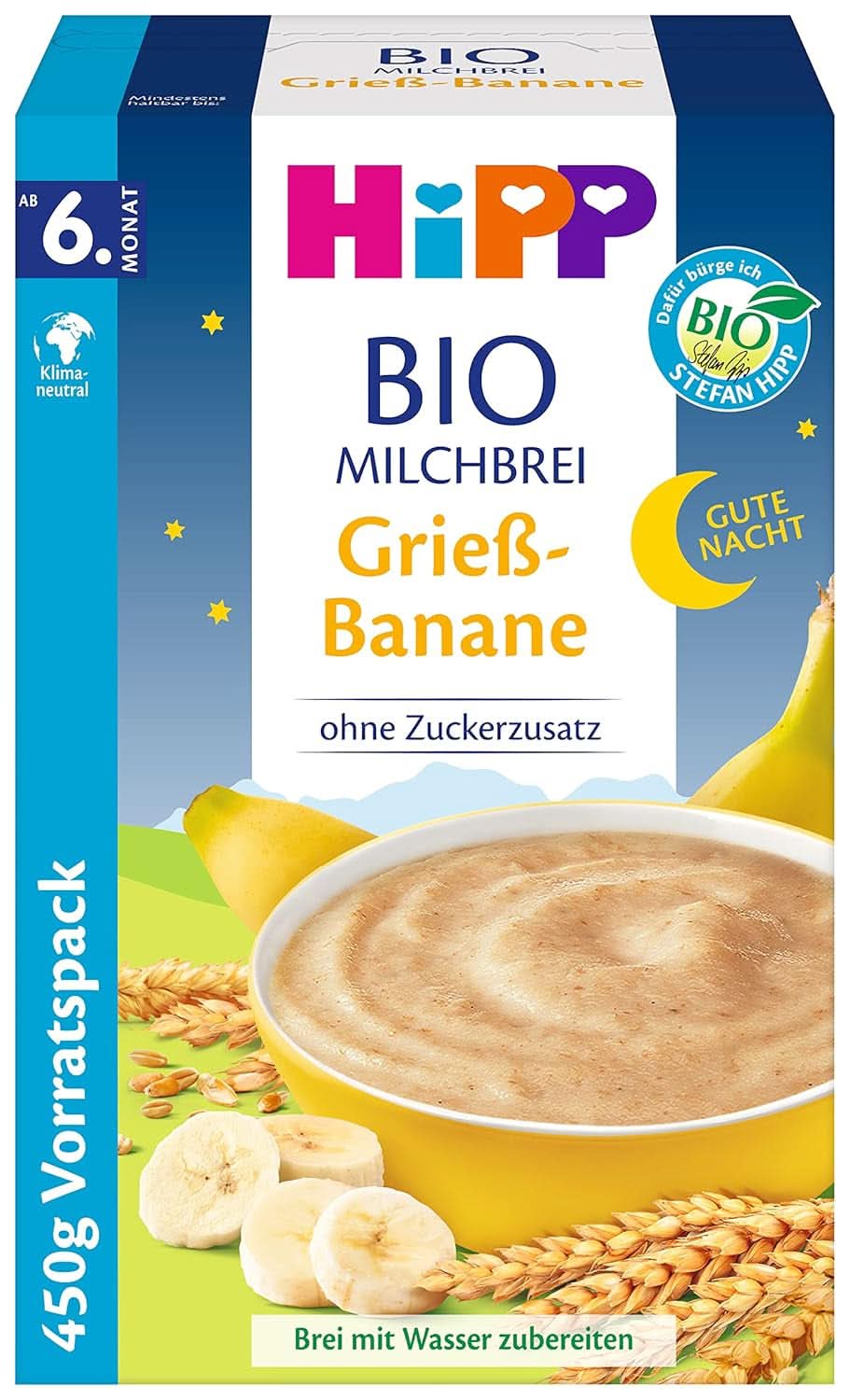 Papilla de leche orgánica Hipp sin azúcares añadidos, sémola y plátano, paquete de conservación (4X450 gramos) Madre e Hijo Naty Shop 4 x 450 gramos Gris con plátanos