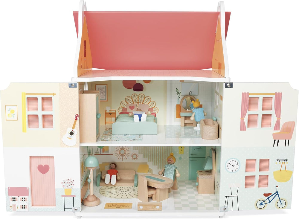 Janod – Prima mea casă de păpuși din lemn – 10 accesorii – Mobilier pentru păpuși – Uși magnetice și acoperiș detașabil – Jucărie din lemn certificat FSC – Vârste 3+