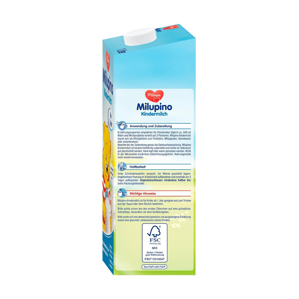 Milupa Milupino Leche de crecimiento lista para beber (6x1L), a partir de 1 año, para niños pequeños en fase de crecimiento