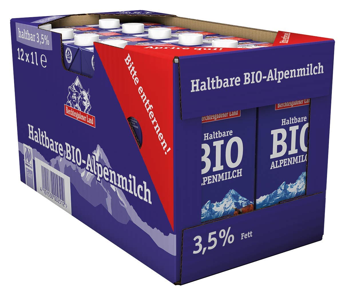 Berchtesgadener Land Haltbare Bergbauern-Milch, 1,5% Fett, paquete de 12 (12 x 1 l)