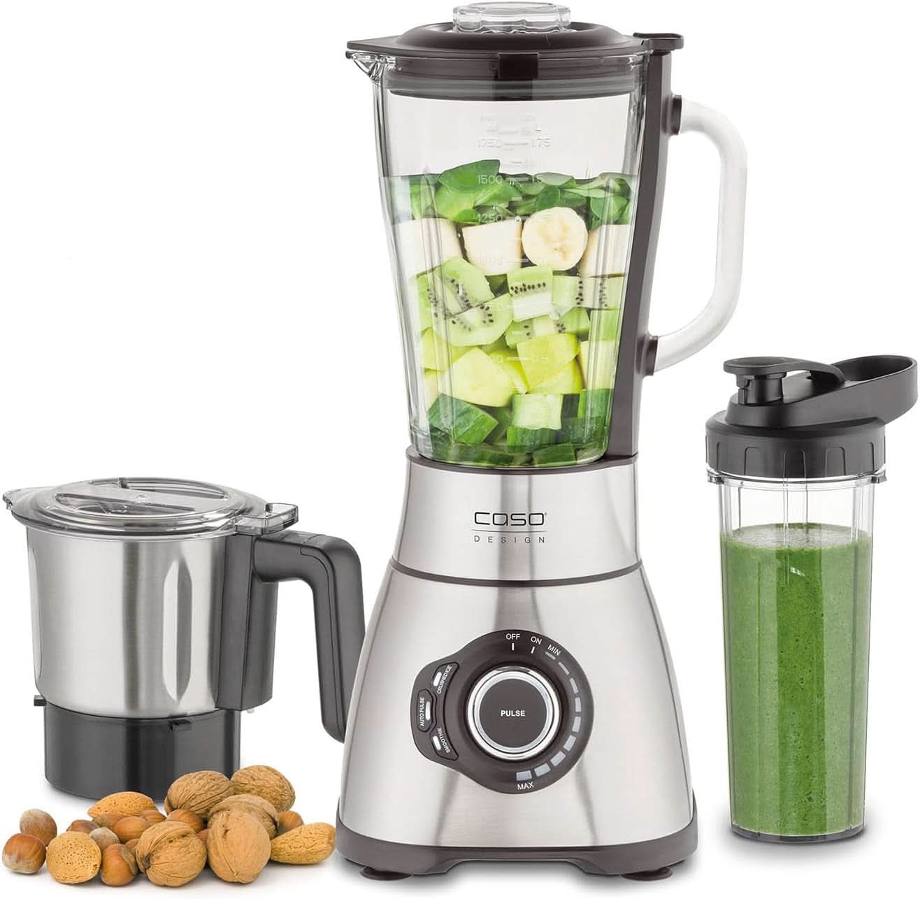 CASO B 1800 Powerblender-Set - Batidora con base, 28.000 U/Min, Vaso de vaso 1,75 L, Inkl. Trinkflasche Und Zerkleiner, Mezclador Testsieger Mit Sehr Gut, Edelstahl Naty Shop