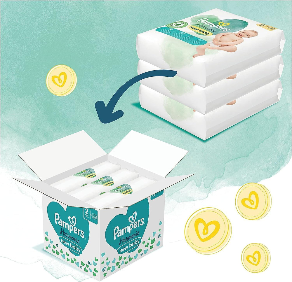 Juego de Pañales para Bebé Harmonie Talla 2 (4-8 kg, 240 Piezas) CAJA MENSUAL y Caja de Toallitas Húmedas para Bebé Harmonie Aqua 720 Toallitas (15 x 48), Baby Essentials