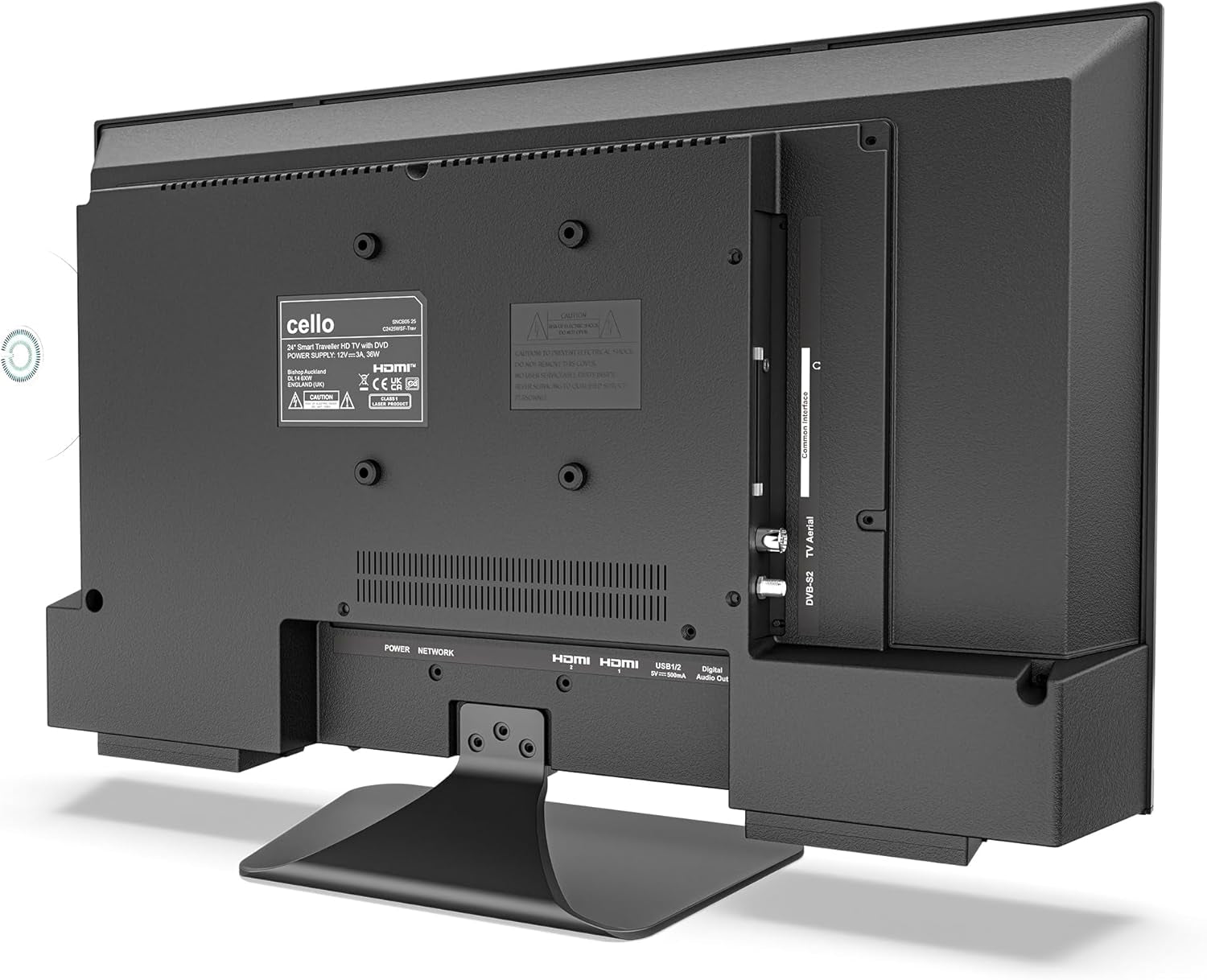 Cello C2425WSF Trav 24" 230V 12V Full HD SMART/DVD TV pentru camping, player DVD integrat, tuner triplu fără ramă, Bluetooth WebOS de la LG, difuzor Pitch Perfect pentru autorulote și camion [2025]