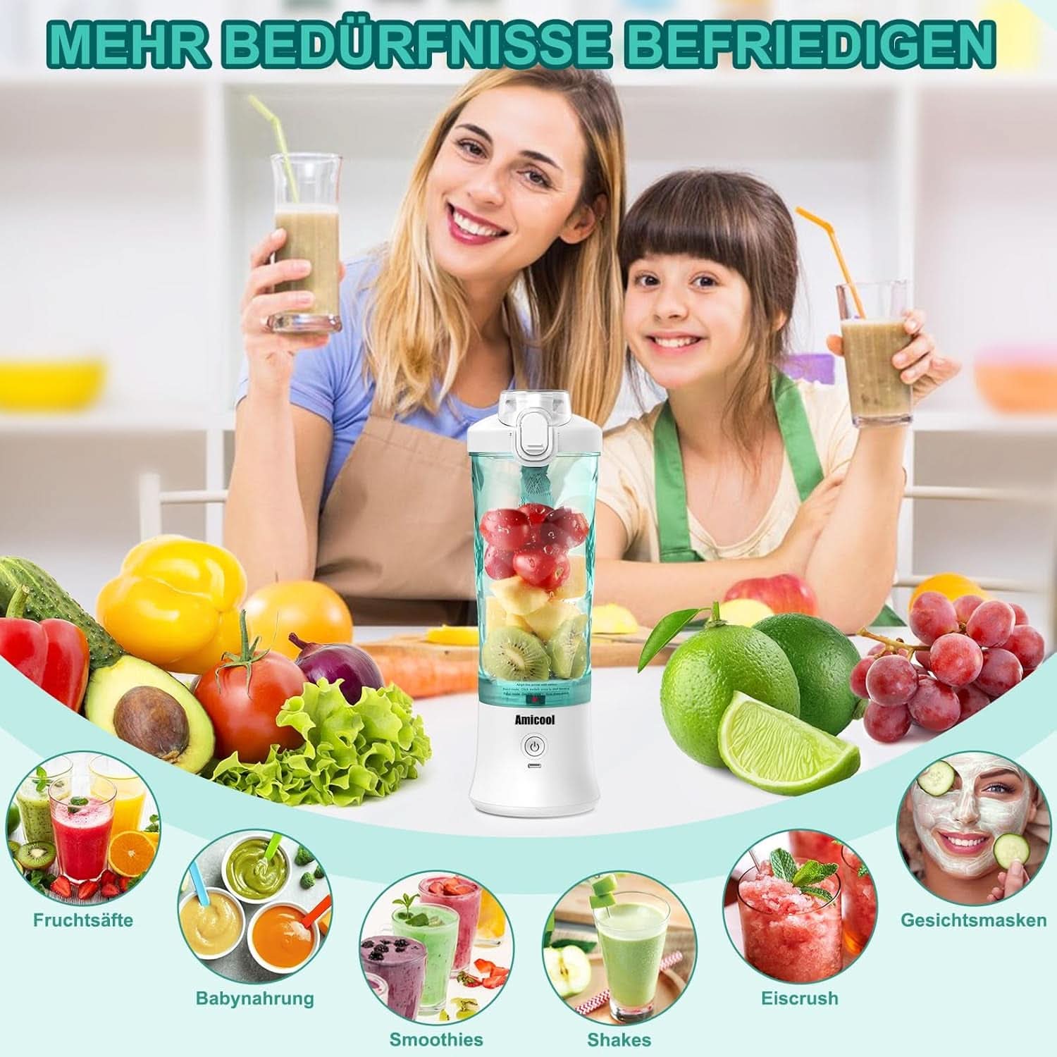Batidora Smoothie Maker to Go, Mini Standmixer Tragbar Mit 6-Klingen Edelstahl, Enstafter Mit Reisedeckel, Batidora Portátil USB Elektrisch Botella 600Ml, Batidora Shaker Slushy Maker Wasserdichter Bucatarie Naty Shop