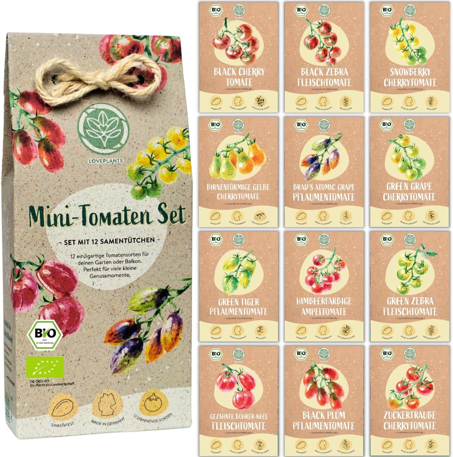 Juego de mini semillas de tomate orgánico: 12 variedades de tomates cultivados libremente | Cóctel raro y familiar, semillas de tomate cherry y bistec | Semillas de hortalizas para balcón, parterre elevado, jardín y regalo | plantas de amor