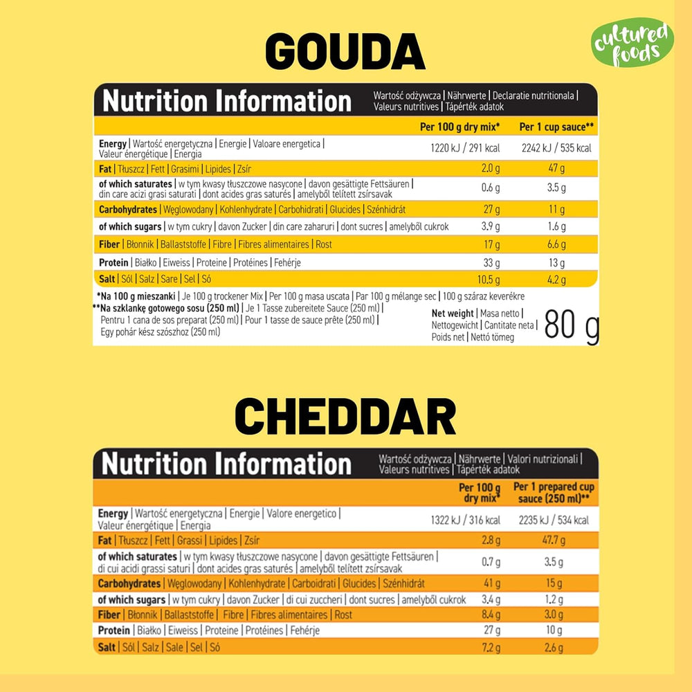 Cultured Foods Vegan Set de 3 macarrones con queso veganos, salsa gouda, salsa cheddar, macarrones sin gluten sin lactose y queso CHEATCHEEZ