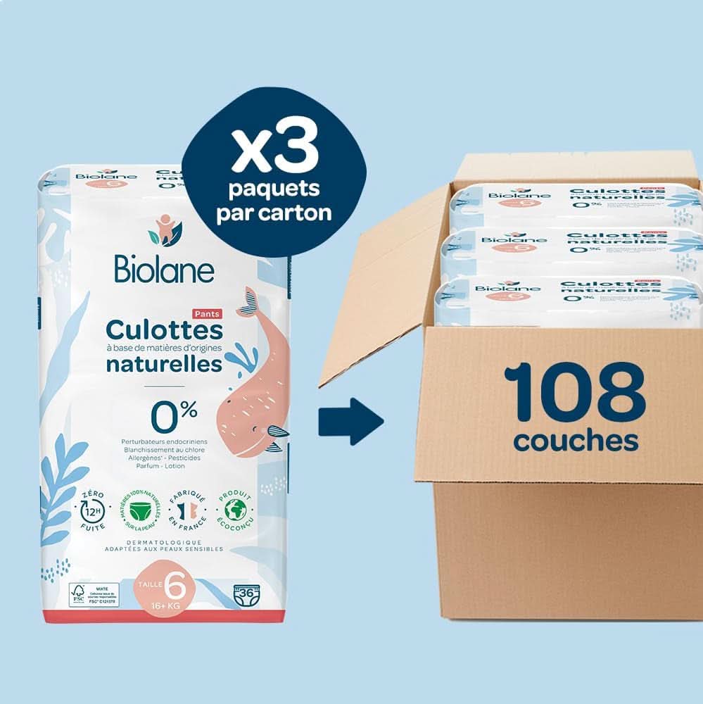 BIOLANE - Pantalón pañal - Talla 6 (16+kg) - Sin fugas durante 12 horas - Paquete 1 mes - 108 pañales - Tienda Ecológica Materno Infantil Naty