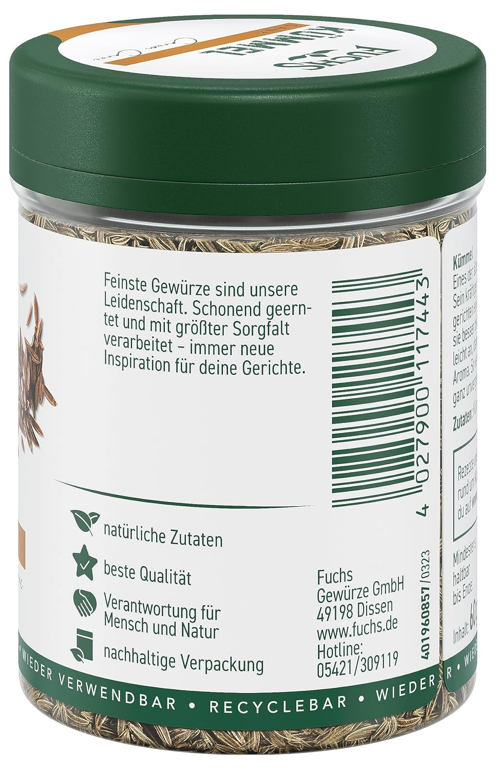 Fuchs Gewürze - Kümmel ganz - kräftiges Gewürz für Kohl- und Fleischgerichte oder zu Bratkartoffeln - ingrediente natural - 60 g en wiederverwendbarer, recyclebarer Dosis