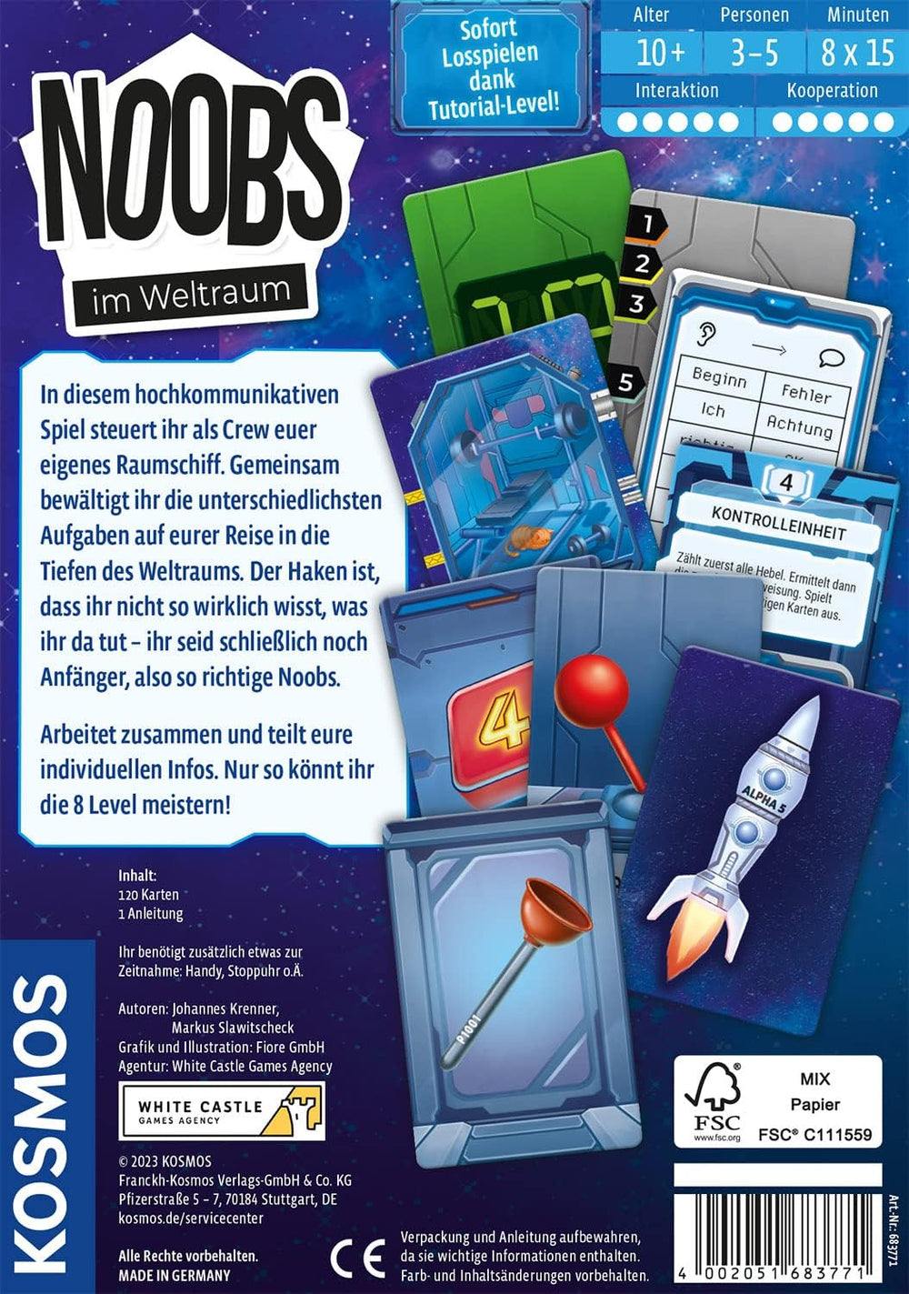 Kosmos 683771 Noobs - En el espacio, dominar misiones espaciales juntos, divertido juego de cartas comunicativo, 3-5 jugadores, mayores de 10 años, juego de fiesta, juego de viaje, recuerdo, pequeño regalo