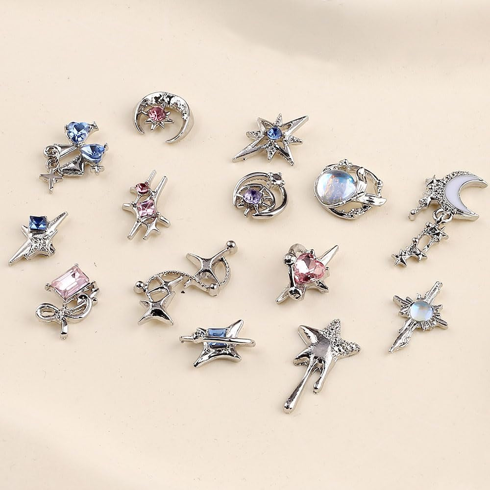 16 Stile Luxus Mond Stern Nagel Charms 3D Nail Charms Y2K Legierung Strasssteine Bogen Schmetterling Nagel Schmuck Metall Nail Art Charms Nägel Glitzersteine Nailart Rhinestones Nageldesign Zubehör