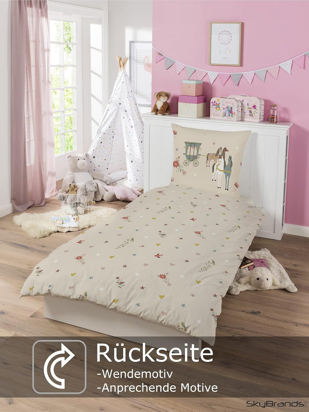 Skybrands Bettwäsche Prinzessin 135X200 [Mit Beutel] Einhorn Mädchen Bettwäsche Baumwolle 2 TLG. 1X Bettbezug 1X Kissenbezug Tienda Naty