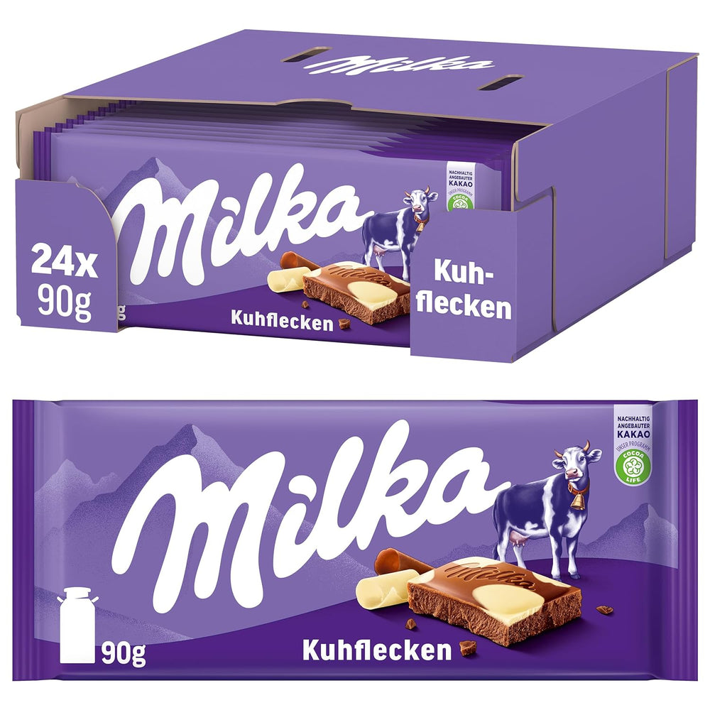 Milka Cow Spots – Chocolate con leche alpino con chocolate blanco con diseño de manchas de vaca – 24 x 90 g