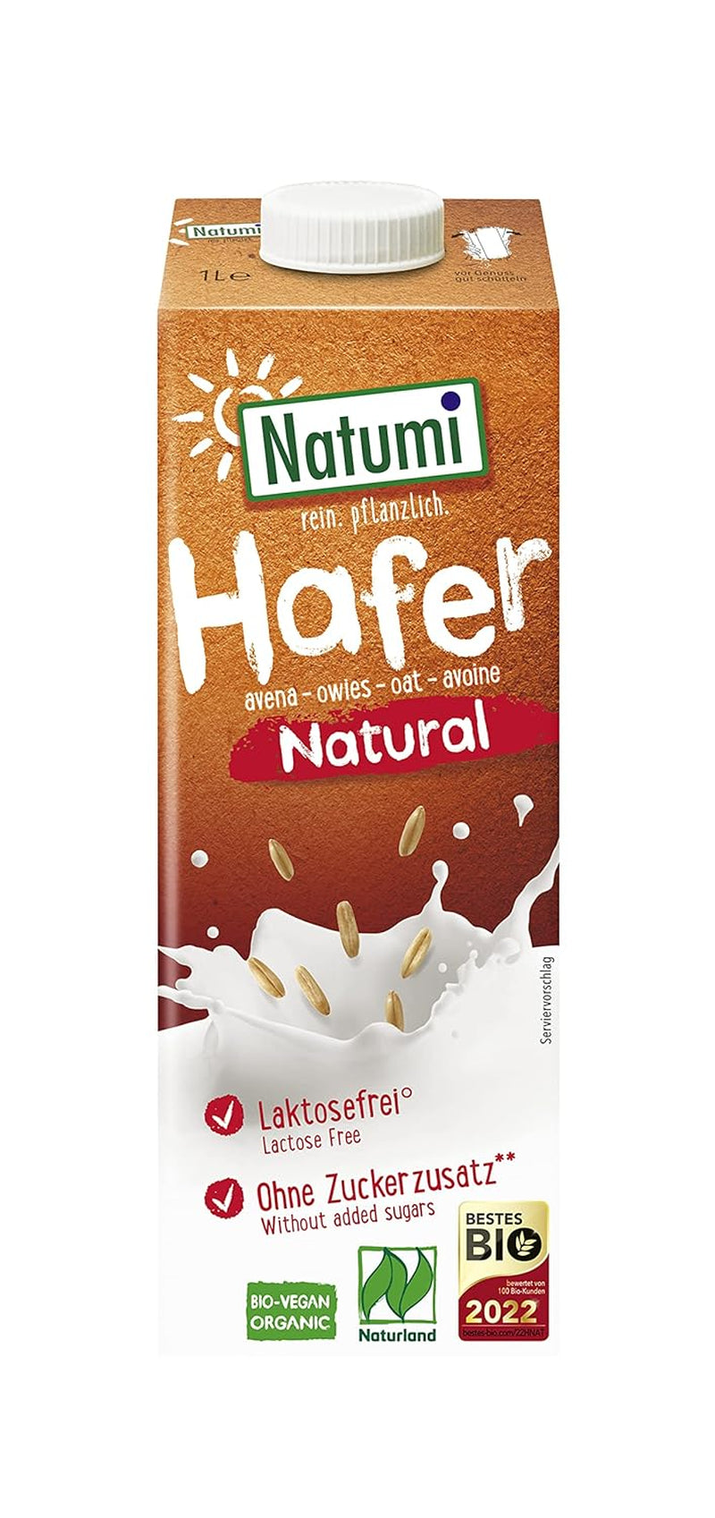 Natumi Bio Haferdrink sin gluten, 8 x 1L - Naturland zertifiziert, Laktosefrei, Glutenfrei, Ohne Zuckerzusatz, Bio, Vegan, Hergestellt mit deutschem Hafer, Milchfreie milchfreie Alternative