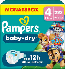 Pañales Pampers Baby-Dry Puppy Patrol Edition, talla 4, 222 pañales, 9 kg - 14 kg, hasta 100 % de protección contra fugas y comodidad durante toda la noche