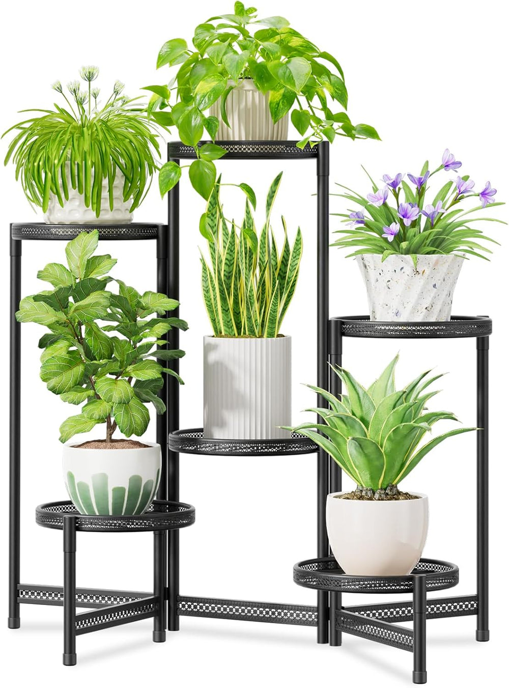 Idavosic.Ly Pflanzenständer Metall Groß Mit 5 Etagen, Blumenständer Pflanzenregal Blumenregal Indoor Outdoor, Faltbar Blumentreppen Innen Plant Stand Shelf Für Garten Balkon Wohnzimmer (Rund, Schwarz)