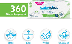 Toallitas húmedas WaterWipes Sensitive+ Hydrating Boost, toallitas hidratantes, 360 piezas (paquete de 6), 3 en 1 limpieza, cuidado, hidratación, 99% agua de aloe vera, toallitas para bebés sin perfume