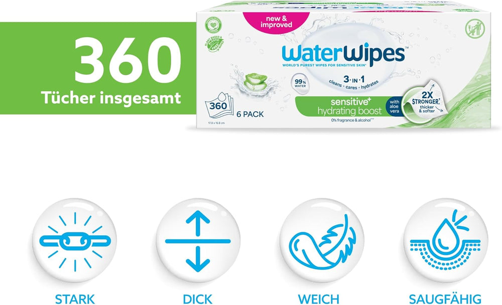Toallitas húmedas WaterWipes Sensitive+ Hydrating Boost, toallitas hidratantes, 360 piezas (paquete de 6), 3 en 1 limpieza, cuidado, hidratación, 99% agua de aloe vera, toallitas para bebés sin perfume