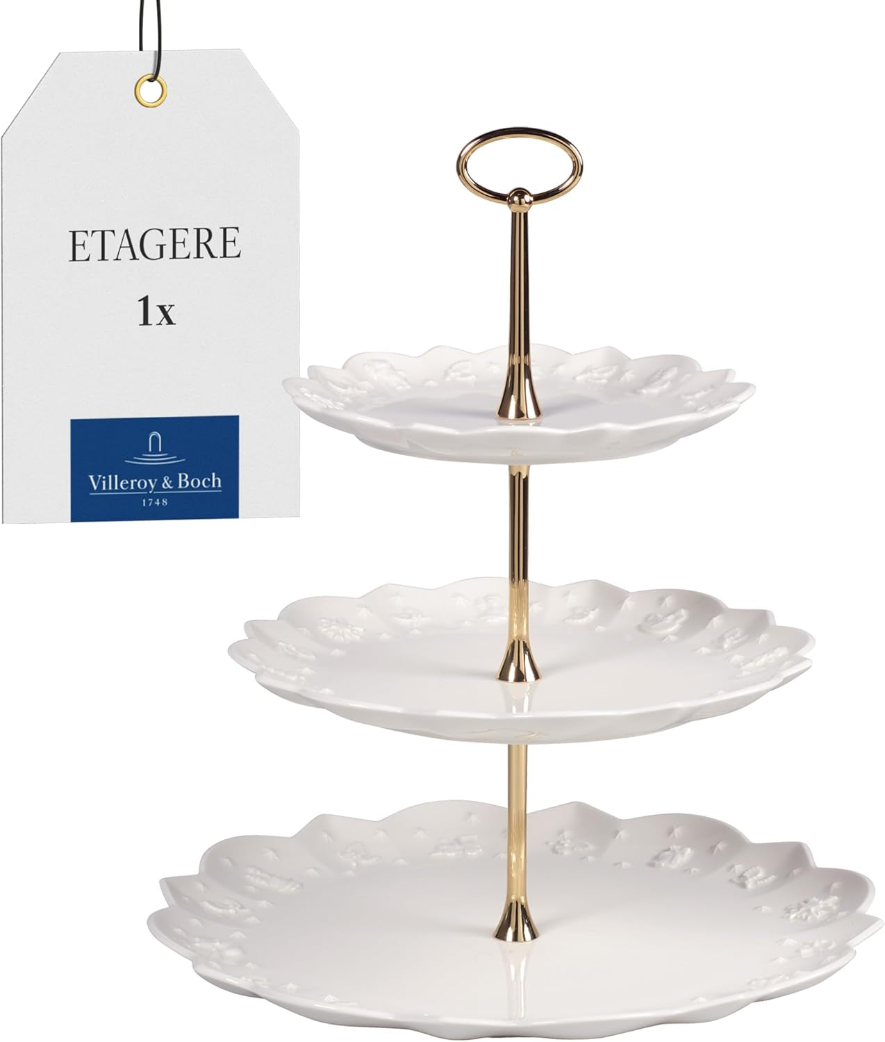 Etajeră Villeroy & Boch Toys Delight Royal Classic, suport decorativ pe niveluri pentru fursecuri, produse de patiserie și bucăți mici de prăjitură, din porțelan premium, alb