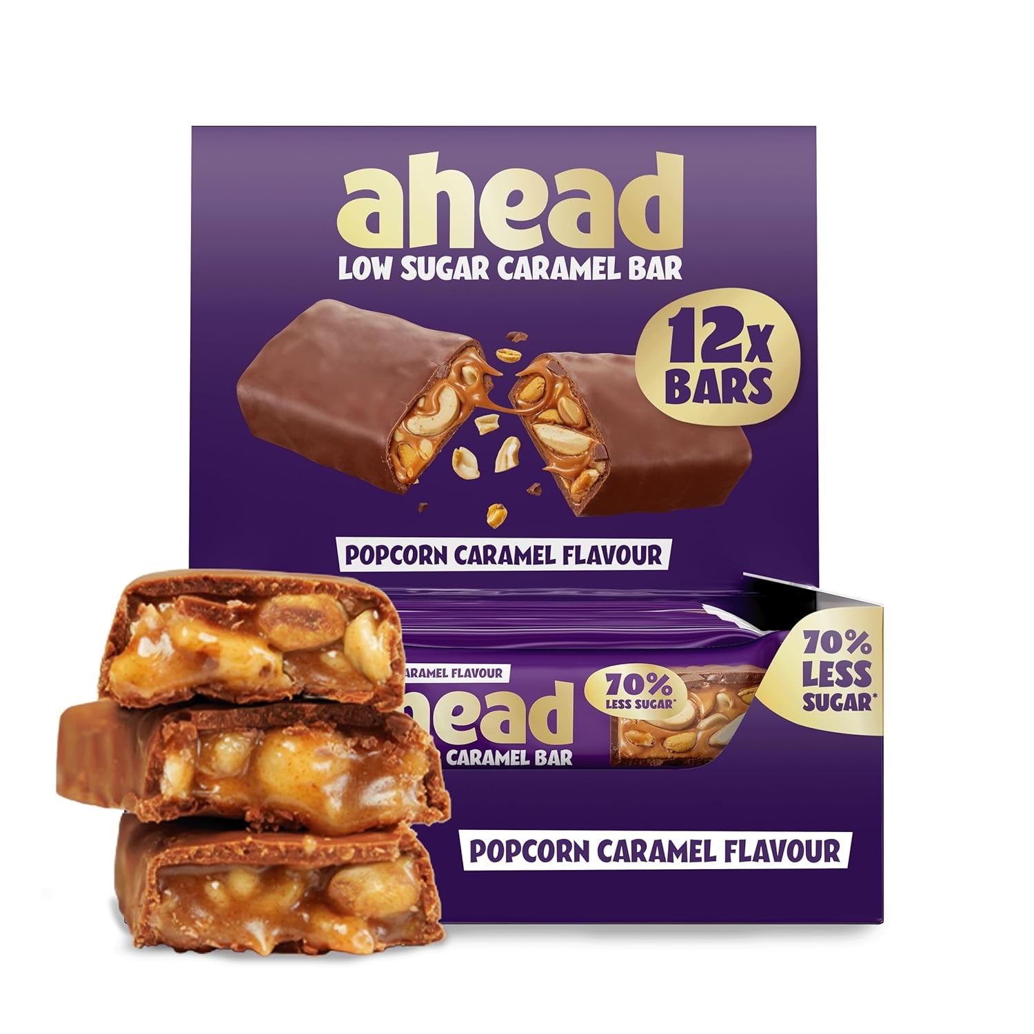 Barras de chocolate con caramelo y avellanas a continuación | 12 tabletas de chocolate x 35 g sin azúcares añadidos | 1,9 g de azúcar por barra | Crujiente sabor avellana y caramelo | Dulces bajos en carbohidratos | Sin aceite de palma