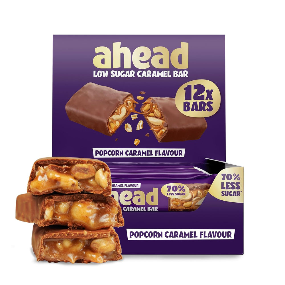 Barras de chocolate con caramelo y avellanas a continuación | 12 tabletas de chocolate x 35 g sin azúcares añadidos | 1,9 g de azúcar por barra | Crujiente sabor avellana y caramelo | Dulces bajos en carbohidratos | Sin aceite de palma