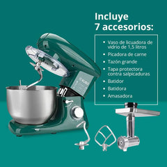 Küchenmaschine - 7 Zubehörteile: Mixbecher, Fleischwolf, Große Schüssel, Schutzdeckel, Schneebesen, Mixer Und Netmaschine - Farbe: Grün - Fassungsvermögen: 6 Litros Madre e Hijo Naty Shop