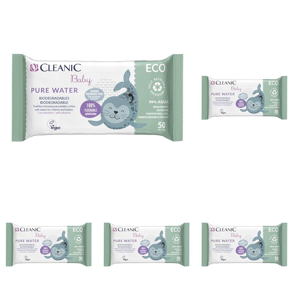 Toallitas húmedas Cleanic Baby Eco Pure Water - (1 x 50 uds.) Toallitas húmedas para niños y bebés - Piel sensible, sin fragancia, que se puede desechar - 50 uds.