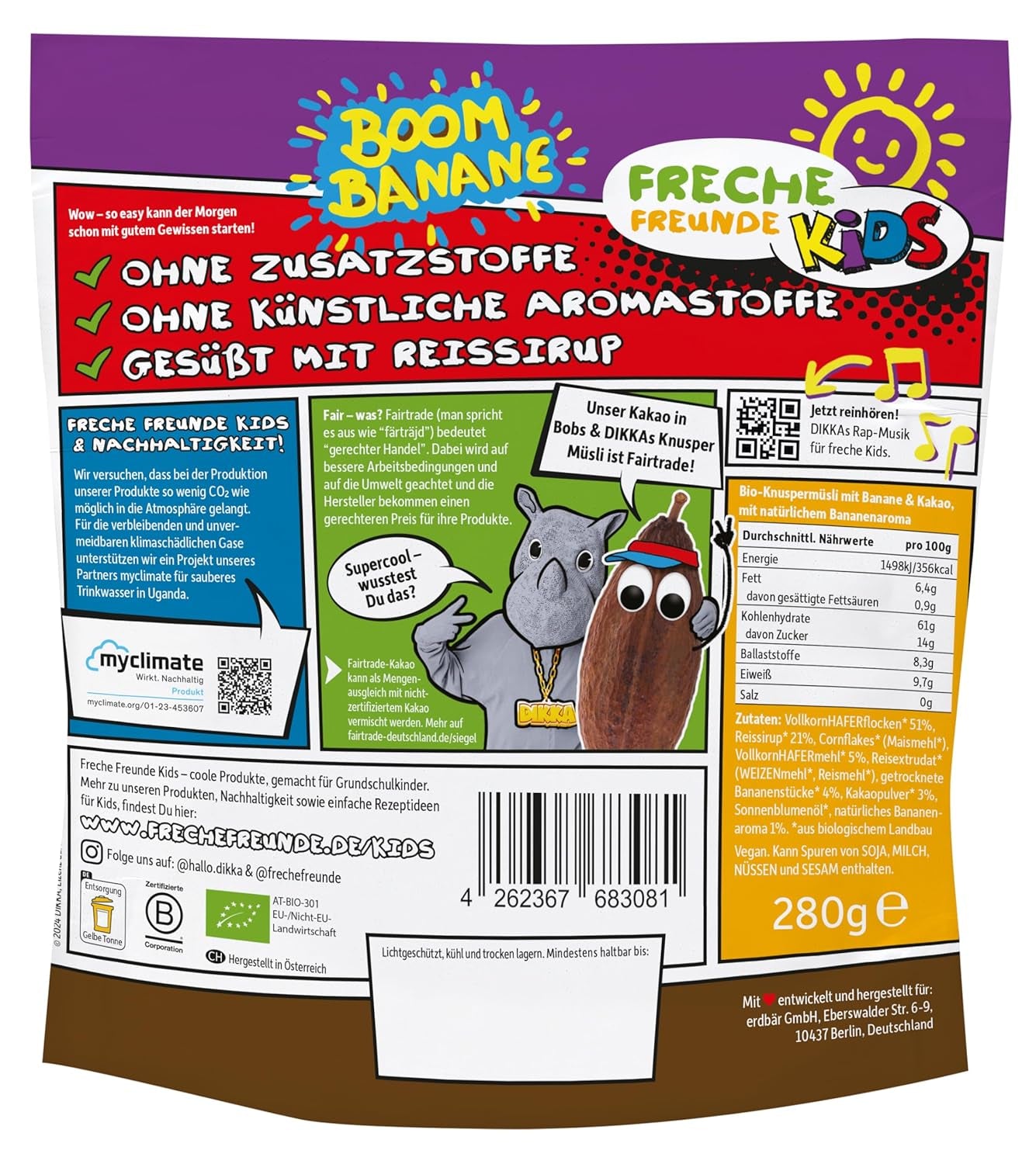 FRECHE FREUNDE KIDS, Bobs & DIKKAs Muesli crujiente de plátano y cacao, Muesli crujiente de chocolate para niños, bajo en azúcar, sin aditivos, 100% vegano, 6 piezas (6 x 280 g)