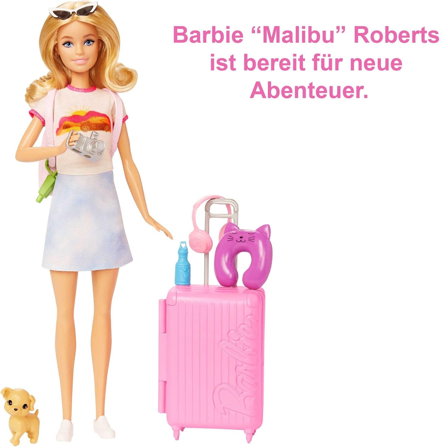 Păpușă Barbie, Barbie de călătorie cu păr blond, peste 10 accesorii de călătorie, autocolante, valiză, cățeluș, include 1 păpușă, cadou pentru copii, jucărie pentru vârsta de 3 ani și peste, HJY18