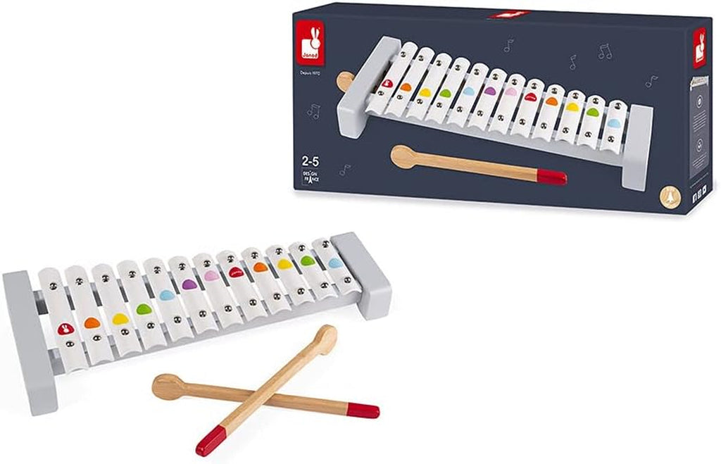 Janod - Xilofon Confetti din lemn și metal, instrument muzical pentru copii, replică de jucărie și jucărie pentru percepție muzicală, de la 2 ani, J07604 Jucarii Bebe Naty Shop