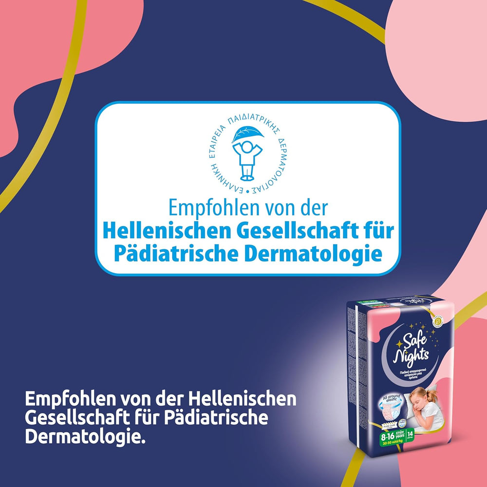 Safe Nights Girl, Ropa de dormir absorbente para niñas de 8 a 16 años (30 a 50 kg), paquete de 14