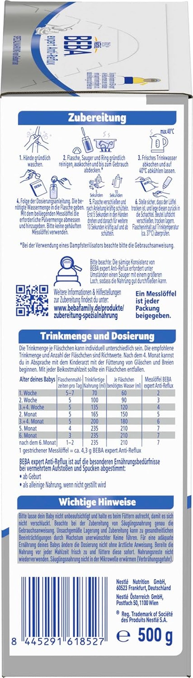 BEBA expert Anti-Reflux - AR Fórmula especial desde el nacimiento, para aumento de eructos y vómitos, papillas, leche en polvo para bebés, 1 paquete (1 x 500 g)