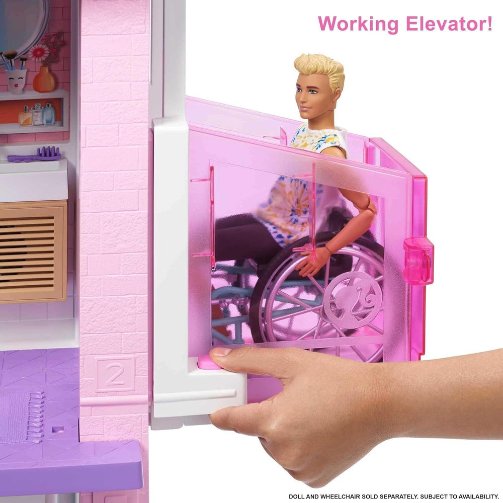 Casă de vis Barbie (114 cm), casă de păpuși cu 3 etaje, piscină, tobogan, lift pentru scaun cu rotile, 75 de accesorii, păpuși, potrivită ca și cadou pentru copii cu vârsta de 3 ani și peste, GRG93