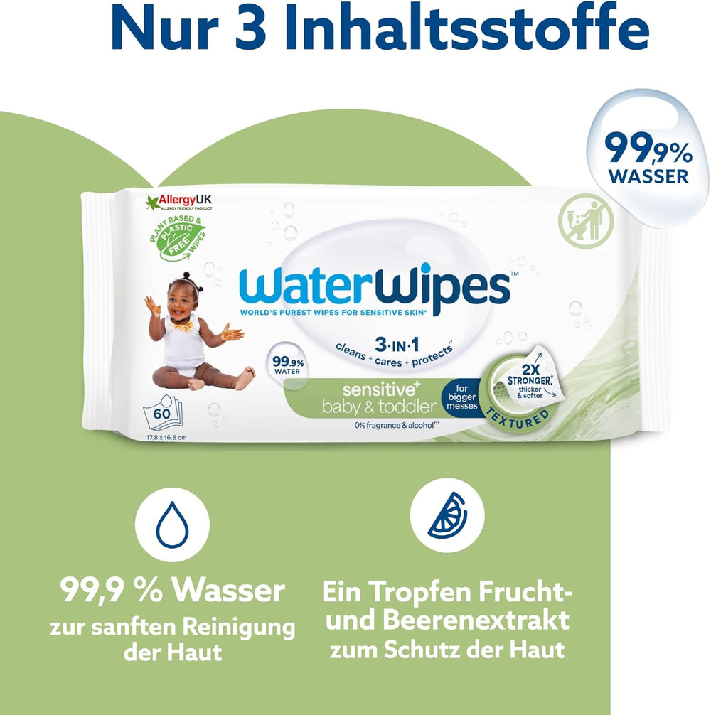 WaterWipes Sensitive+ Toallitas húmedas para bebés y niños pequeños, 720 unidades (paquete de 12), limpieza, cuidado, protección 3 en 1, 99,9% agua, limpieza texturizada, sin fragancia