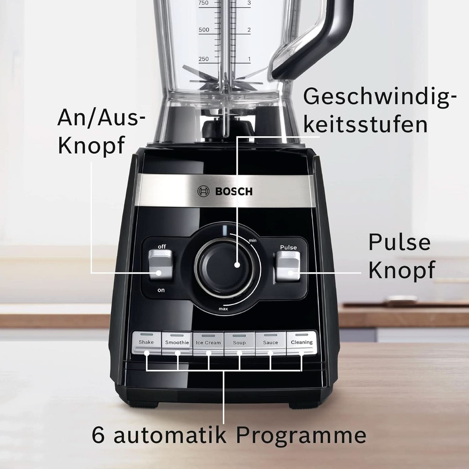 Bosch Batidora de pie Vitaboost MMBH6P6BDE, 6-Klingen-Edelstahlmesser, 2.5L Tritan-Mixbehälter, Stopfer, 6 Automatikprogramme, Rezeptbuch, Bpa-Frei, Einfache Reinigung, 45.000 U/Min, 1600 W, Schwarz Bucatarie Naty Shop