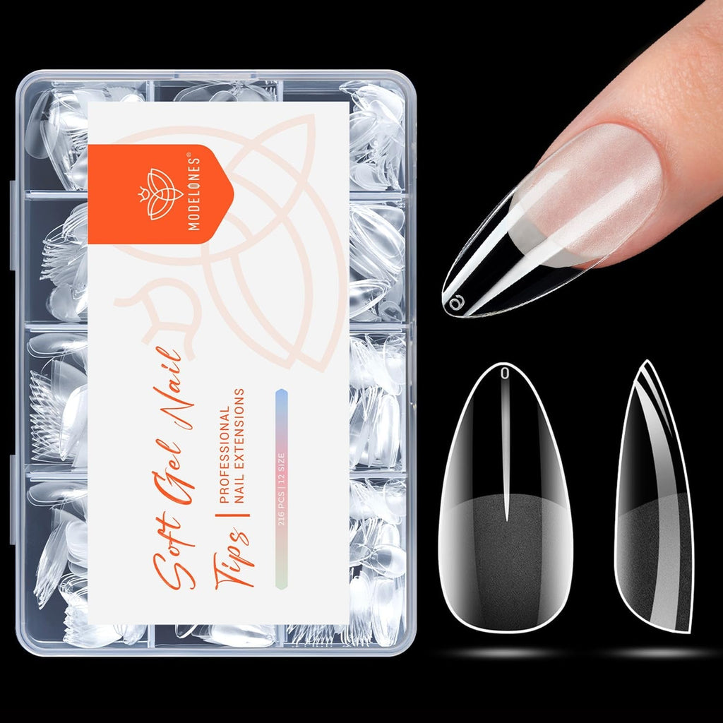 Modelones Tips Unghii 216 Piese - Set Tips Unghii Acoperire Completă, Set Tips Gel Moale, Tips Unghii Rășină PMMA Pre-Lustruire, Unghii Artificiale pentru Lipire pe Nail Art DIY, Migdale Scurte XS