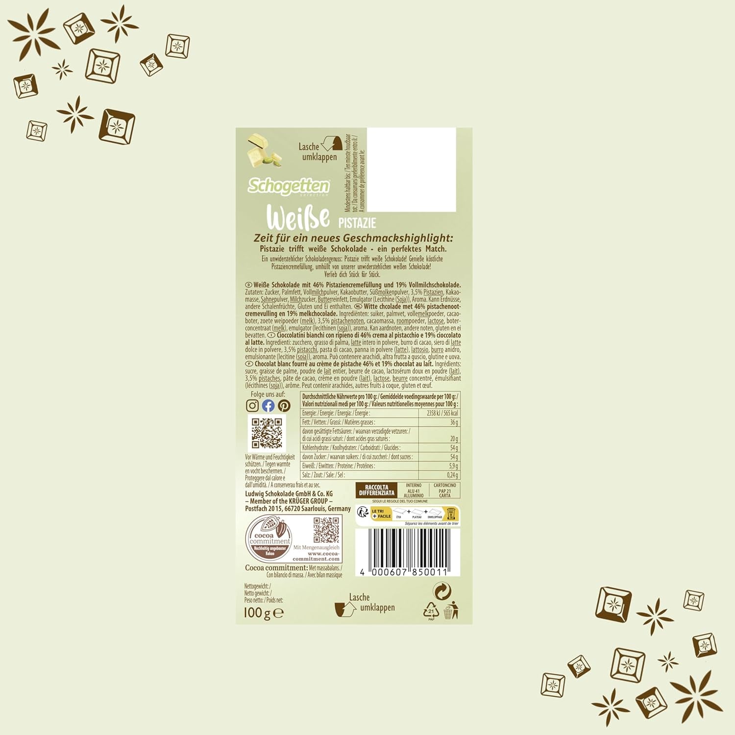 Pistacho blanco Schogetten | Chocolate blanco con relleno de crema de pistacho | 100 gramos | Convenientemente porcionado (paquete de 3)