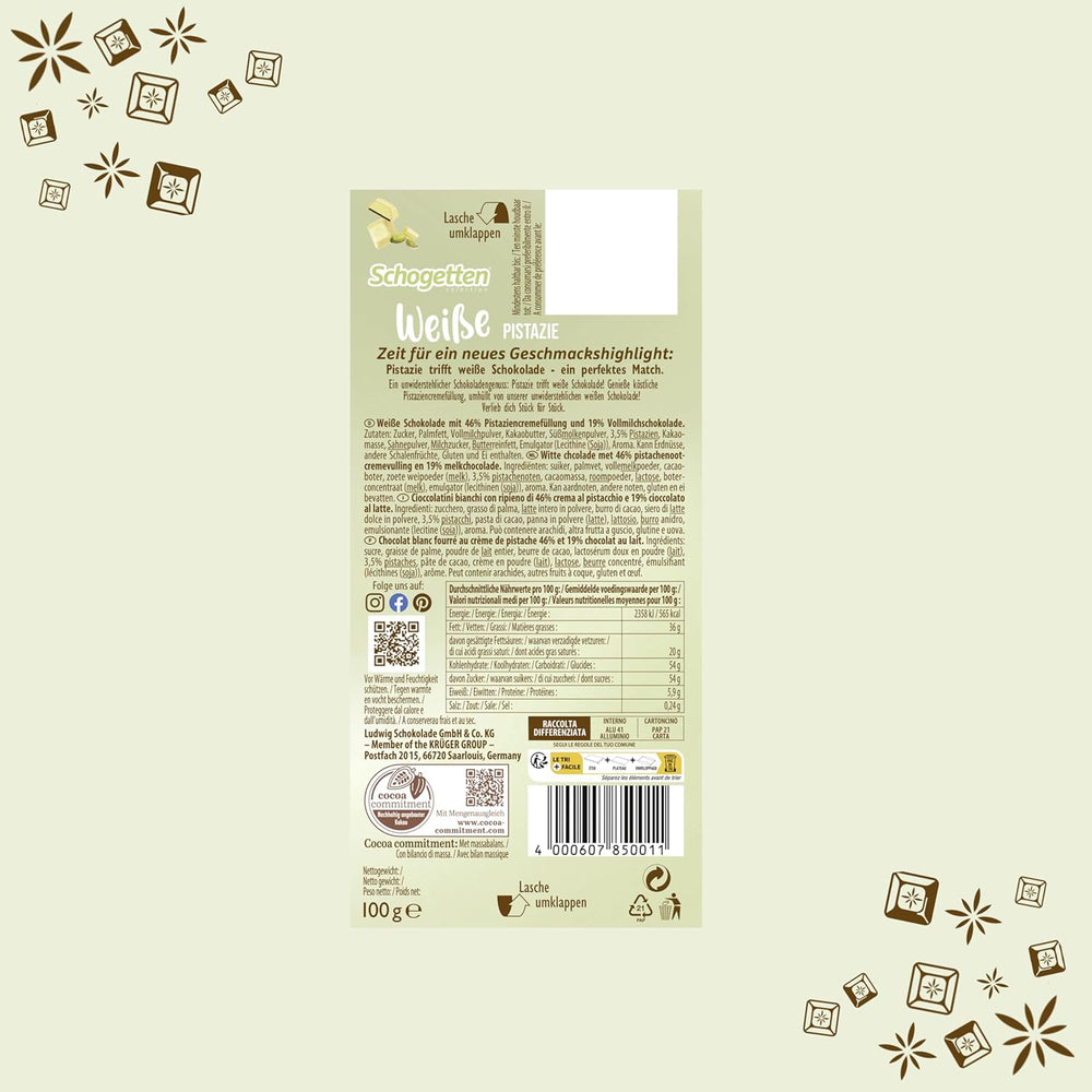 Pistacho blanco Schogetten | Chocolate blanco con relleno de crema de pistacho | 100 gramos | Convenientemente porcionado (paquete de 3)