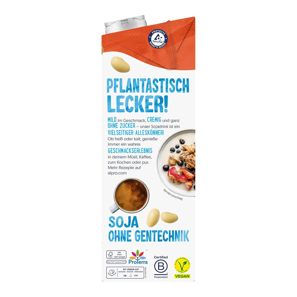 Alpro Sojadrink – Vegan und milchfrei – Von Natur aus laktosefrei und fettarm – Rich an pflanzlichen Proteinen, inhalt Calcium and Vitamine – 8 x 1 L – Haltbar