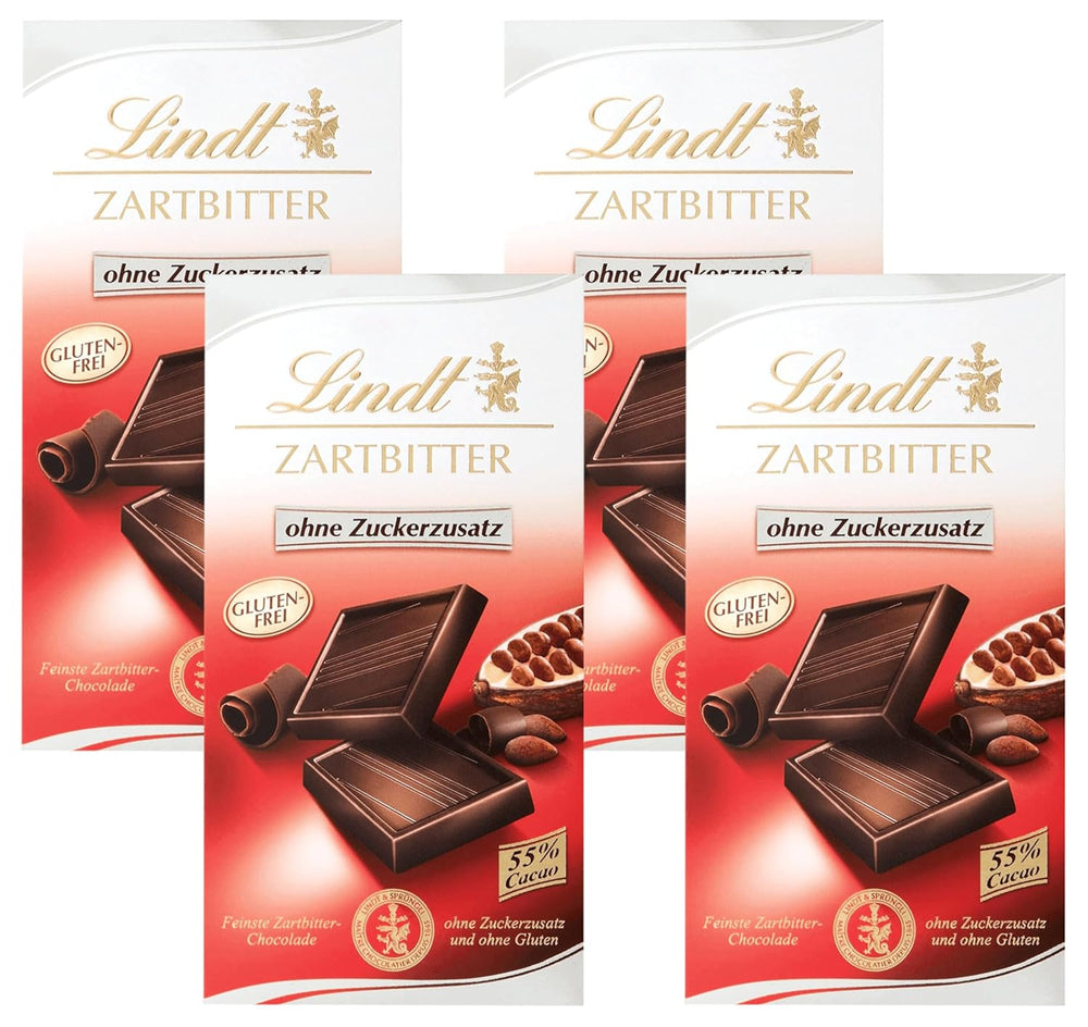 Chocolate negro sin azúcar añadido | Tableta 100g | Lo mejor con 55% cacao, sin gluten | Barra de chocolate | Set de regalo de chocolate (paquete de 4)